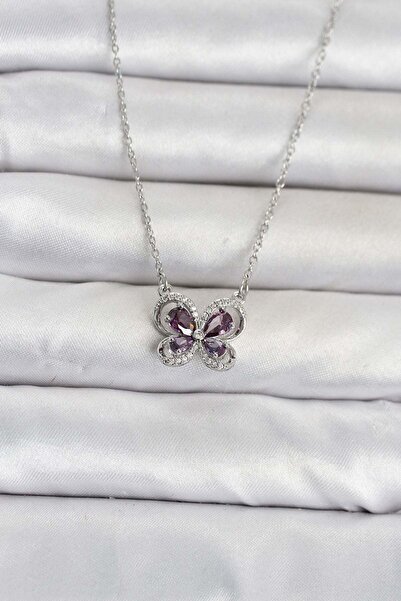 Inure Jewelry 316L Steel Chain Silver Color Purple Butterfly Model Women's Ne...