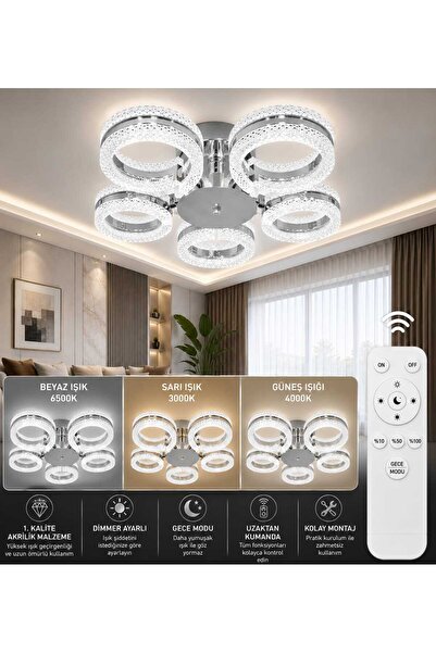 MAVERALİGHTİNG ALYA 5Lİ AVİZE 3 RENK LED ISIKLI KUMANDALI AVİZE MODERN SALON ...
