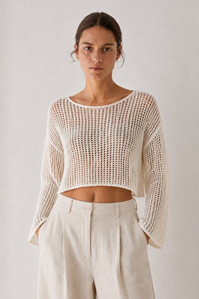 Ferraro Ecru Openwork Mesh Knit Crop Women's Knitwear Blouse