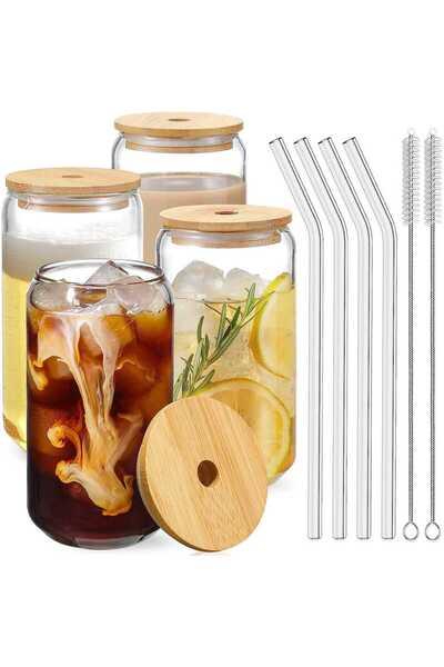 Elindor Set de 4 pahare tip tumbler din sticlă cu capac din bambus și pai din...