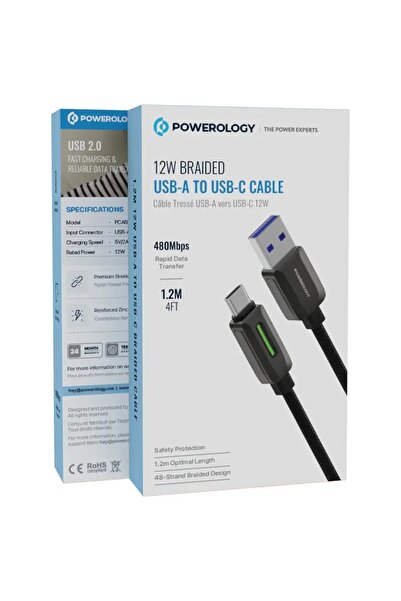 Powerology 12W Braided USB-A to USB-C Cable Black