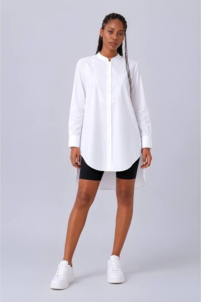 HANIQA Comfortable Fit, High Collar, Long Back White Shirt