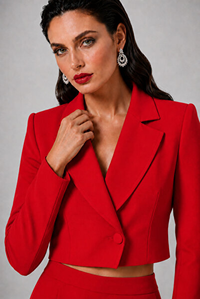 PEARL Kadın Kırmızı Astarlı Kısa Kruvaze Blazer Ceket Tek Düğmeli Şık Kadın C...