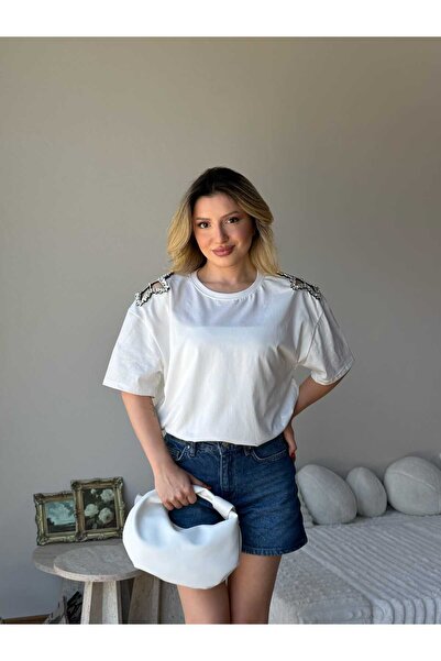 MODAMERSİ Tricou alb de damă cu detaliu stea pe umăr