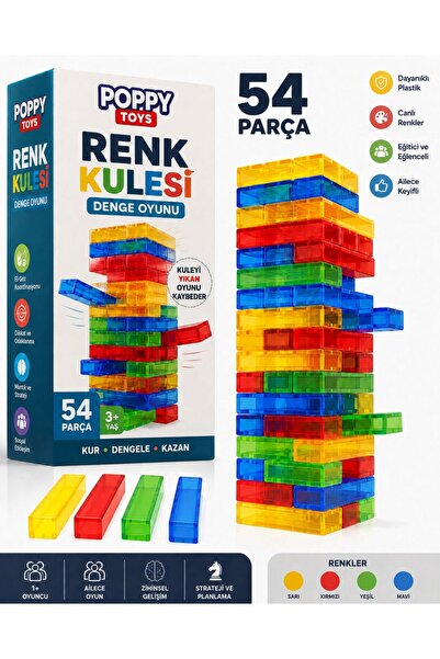 POPPYTOYS Denge Oyunu Jenga Plastik Renkli 54 Parça Zeka Oyunu-Ailece Oynanır...
