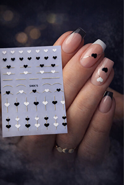 Misyul 5D Tırnak Sticker Yapışkanı B&W Kalpli ve Gold Şeritli MIS-3835