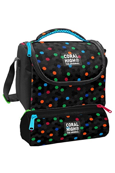 Coral High مجموعة علبة غداء وحامل أقلام بثلاثة أقسام - أسود بنمط خلية النحل ل...