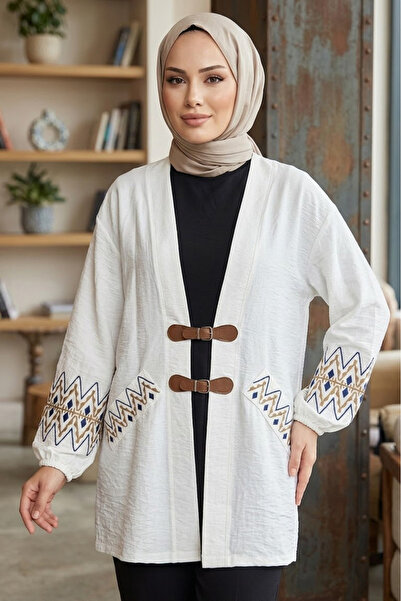 TOFİSA Önü Kemerli Nakışlı Kimono Beyaz - 28488-BEYAZ
