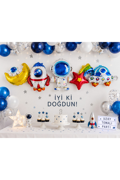 Dizayn Parti Evi Uzay Temalı Folyo Balon Seti Astronot Roket UFO Ay ve Yıldız...