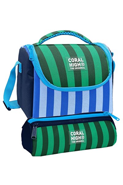 Coral High Lunchbox and Three-Compartment Pen Holder Set - Blue Green Stripe ...