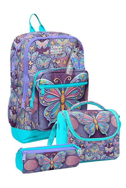 Coral High Girl's Pastel Colored Butterfly Patterned Triple Primary School Sc...