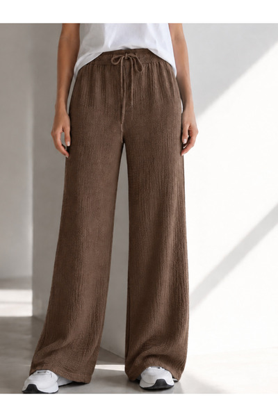 dont quıt Ženske široke pantalone od smeđe tkanine sa naborima