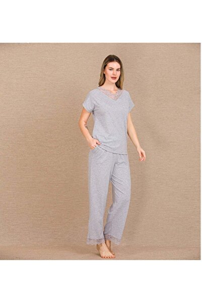 Marsilyan Ieg Viscose Stylish Design Lace Embroidered Gray Short Sleeve Pajam...