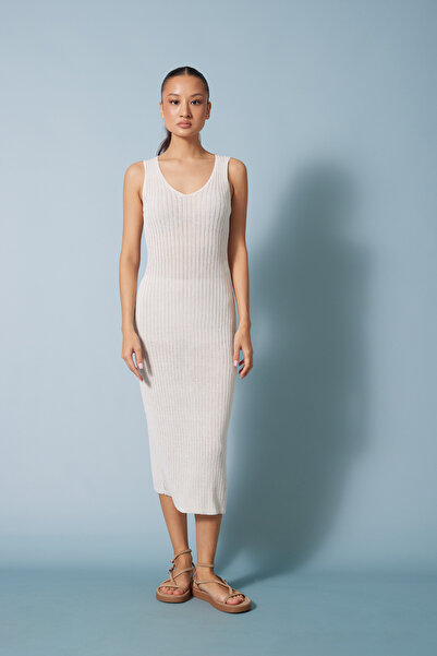 Nisan Fi̇ti̇lli̇ V-Neck Tricot Maxi Dress Ecru