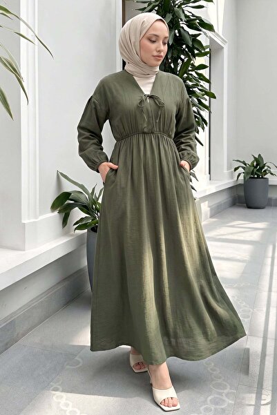 Salih Çelebi Rochie din in cu decolteu în V 3071 - KHAKI