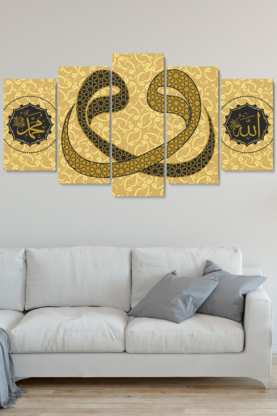 Dekorvia 5 Parçalı Kanvas Tablo Çifte Vav Harfi Tasarımlı Gold Salon Odası Seti