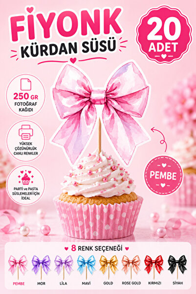 Fiyonk Kürdan Süsü 20 Adet ( Pembe ) Cupcake Topper Pasta Süsü Doğum Günü Baby Shower Parti Dekoru Coquette