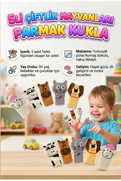Tıfıl Toys Babycim 5'li Çiftlik Hayvanları Parmak Kukla - Yumuşak Dokulu Eğle...