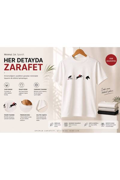 Beyaz At Figürlü Baskılı Unisex Pamuklu Tişört Modern Binicilik Desenli Beyaz Unisex Oversize Tişört Equestrian Collection At Baskılı Beyaz Unisex Tişört Premium Pamuklu At Figürlü Unisex