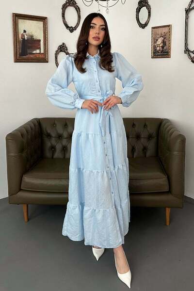 Caddebostan Moda Stylish Dress with Belt, Buttons, Stripe Pattern, Long Sleev...