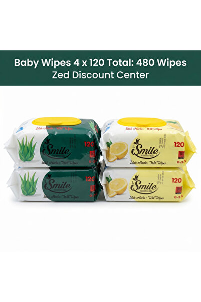 SMILE Șervețele umede pentru bebeluși (4 x 120: Total 480 șervețele) - 2 pachete cu aloe vera - 2 pachete cu lămâie