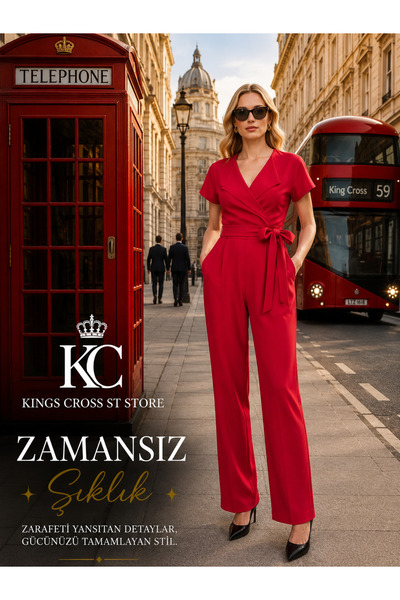 kings cross st store Kadın Likralı Krep Kruvaze Anvelop Yan Cepli Kolsuz Yaka...