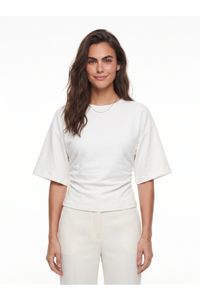 ONLOOX Ecru Cotton Crew Neck Bat Sleeve Comfortable Fit Side Gathered Hidden ...