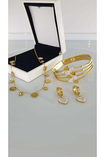 SONES Kalpli Gold Rengi Kadın Çelik Takı Seti Kararmaz 316 L Yıldönümü Sevgil...