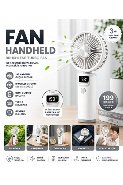GudeX Beyaz Dijital Ekranlı Turbo Fan 199 Kademeli Type-C Şarjlı Mini Vantilatör