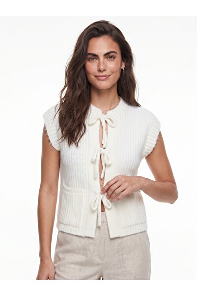 ONLOOX White Soft Textured Knitwear Front Tie Double Pocket Detailed Sleevele...