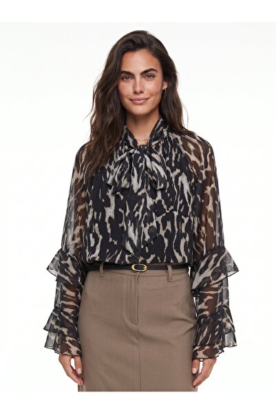 ONLOOX Black Patterned Chiffon Tie-Neck Blouse with Comfortable Fit and Lined...