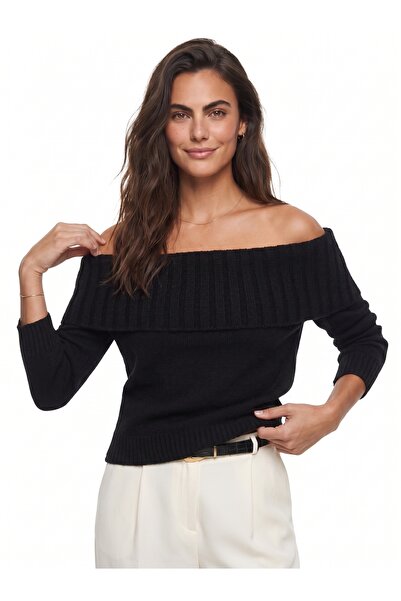ONLOOX Black Soft Textured Madonna Collar Long Sleeve Slim Fit Basic Knitted ...
