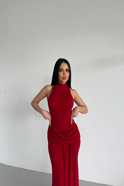 KAMACI BUTİK HALTER YAKA SANDY KUMAŞ ELBİSE
