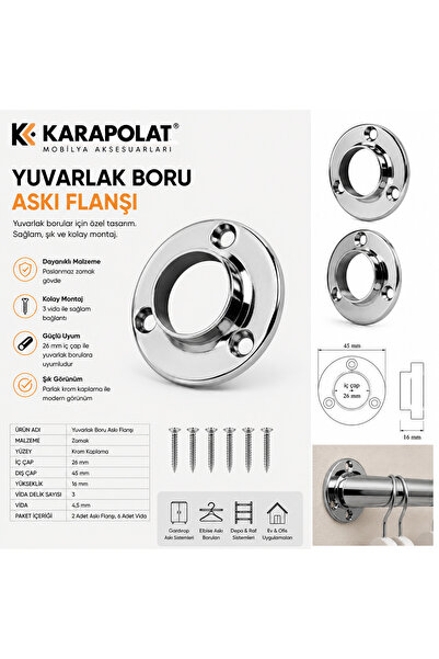 KARAPOLAT Yuvarlak Askı Flanşı Krom 2 Adet Dolap Gardırop Elbise Askı Borusu ...