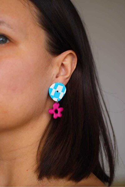 Nina Luz Cercei statement carouri albastre, floare fucsia, cercei mici lucraţ...
