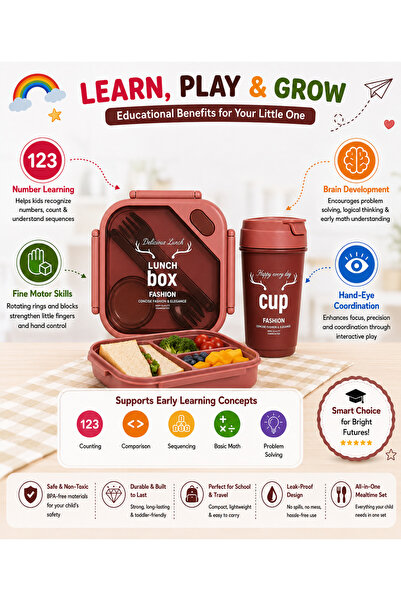 Ebazario Fashion Lunch Box and Cup Set, Insulated Food Container with Travel Mug, 3 Color Options (BROWN)