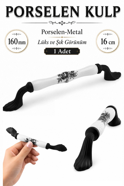 Badem10 Agora Beyaz Porselen Siyah Kulp 160 mm 16 cm Mobilya Çekmece Dolabı D...