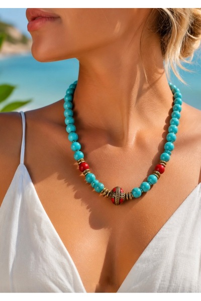 TARZ-I TAKI Natural Stone Bohemia Mediterranean 10 mm Turquoise & Coral Desig...