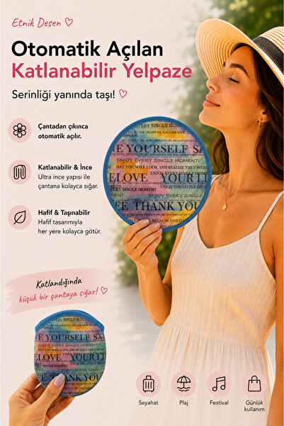 Motivasyon Desenli Otomatik Açılan Katlanabilir Yuvarlak Yelpaze – Çantalı Taşınabilir Mini Yelpaze