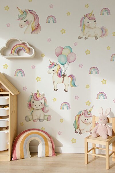 MSticker Unicorn Duvar Sticker Seti 72 Parça – Gökkuşağı, Balonlu Unicorn ve Yıldızlar – Kız Çocuk ve Bebek