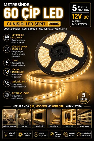 Horoz Elektrik 12V 60 ÇİP İÇ MEKAN ŞERİT LED GÜNIŞIĞI - 5MT
