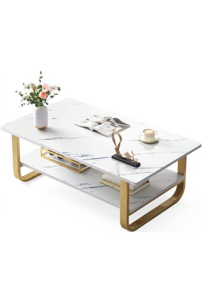 shopandshop Modern Marble Pattern Coffee Table with Gold Legs - 2-Tier Luxury...