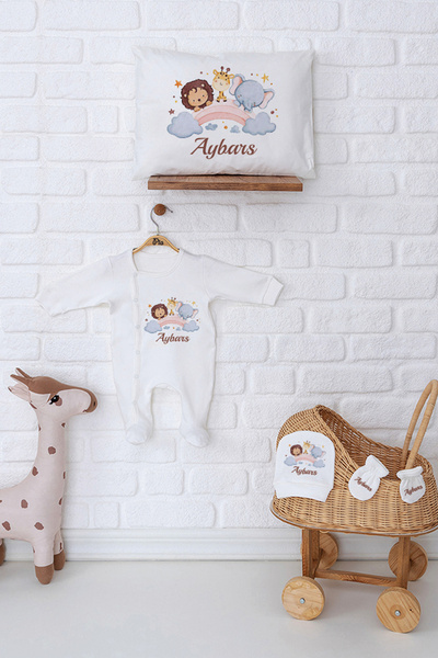 Pia Baby İsme Özel %100 Pamuk Organik Baskılı Erkek Bebek Tulum Şapka Eldiven...