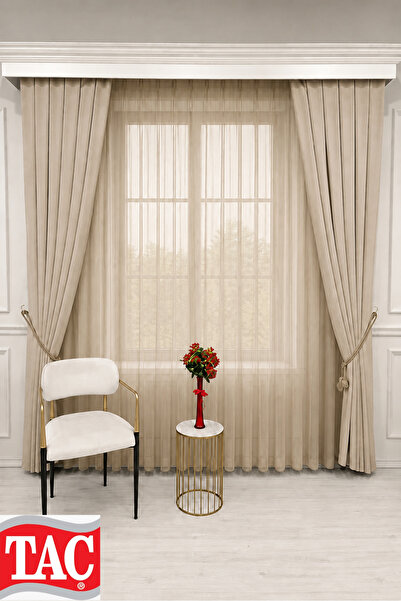 Taç New Season Stylish Design Beige Color Mesh Tulle Curtain with Tight Pleat...