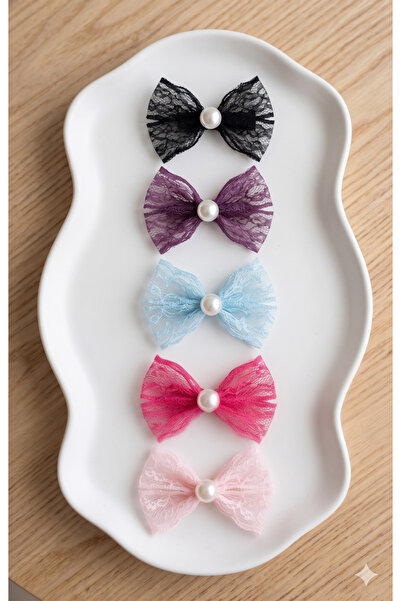 Jeevee Set of 5 Pearl Lace Bow Baby Clips - Special for Babies with Less Hair...