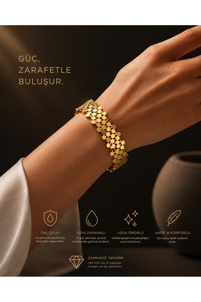 izmoda Gold Renk Geniş Kelepçe Çelik Lüks Tasarım Gold Kadın Kelepçe Modern G...