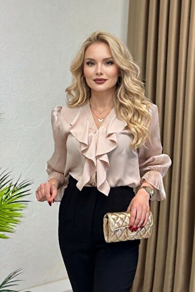 sunfyre Women's Shiny Chiffon Shirt with Ruffle Detail on the Chest and Long Sleeves, Glittery Shirt Sun372