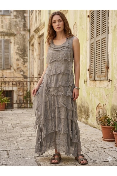 AYASOFYA OTANTIK Women's Italian Mink Layered Sleeveless Long Silk Dress