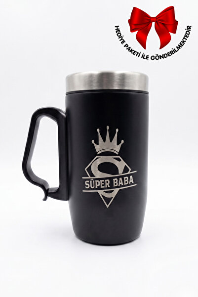 MEG TASARIM DÜNYASI Süper Baba Tasarımlı Siyah Çelik Termos Bardak 240 ml - B...