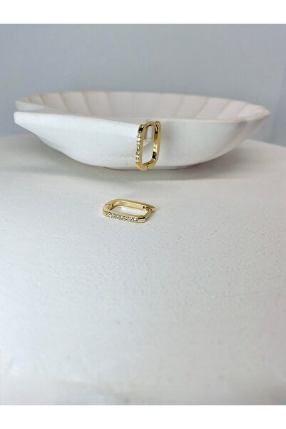 Lumel Takı LUMEL Dikdörtgen Zirkon Taşlı Gold Halka Küpe